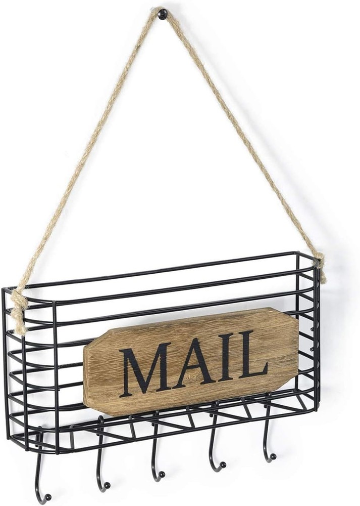 Mail Organizer Wall Mount, Rustic Mail Holder Key Holder for Wall with Hooks,...