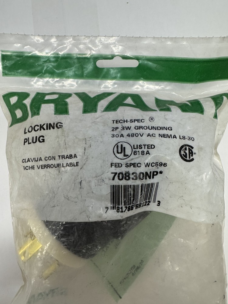 Bryant 70830NP Locking Plug, 2P 3W Grounding 30A 480V AC