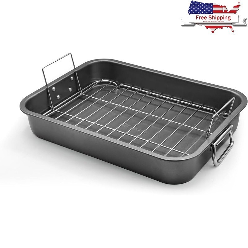 Double Layer Nonstick Turkey Roasting Pan W/ Durable Rack Easy Clean Oven Safe