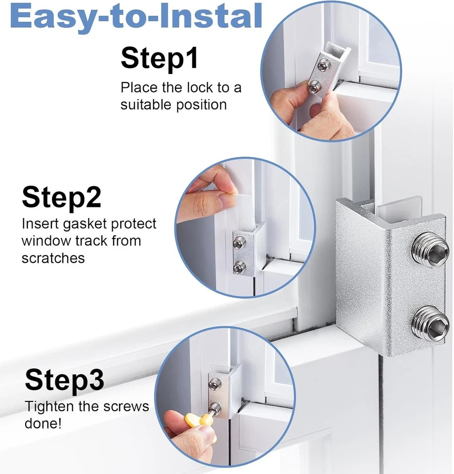 Sliding Window Locks - Horizontal & Up/Down, Adjustable Aluminum, 4 Sets Silver