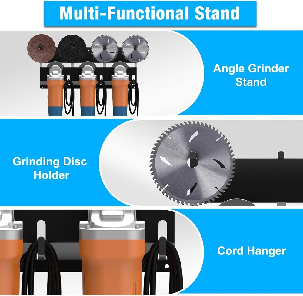 Angle Grinder Holder, Stand with Discs Hook Rack & Cord Black