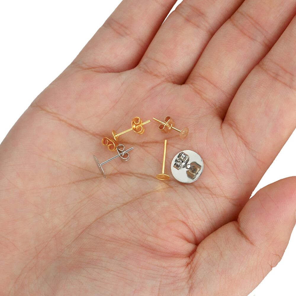 100pcs Stainless Steel Blank Pad Flat Earring Post Studs Base Pins with Ear Back