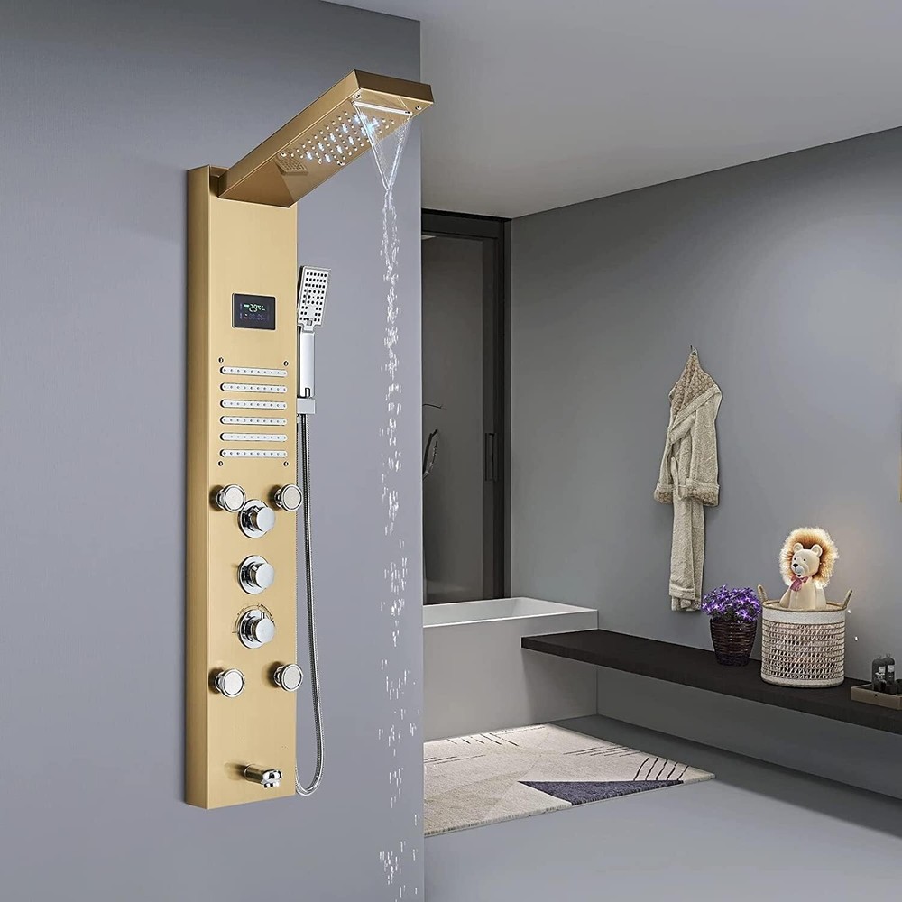 LED Shower Panel Tower System Rainfall Waterfall Massage Jet Spraye Brushed Gold