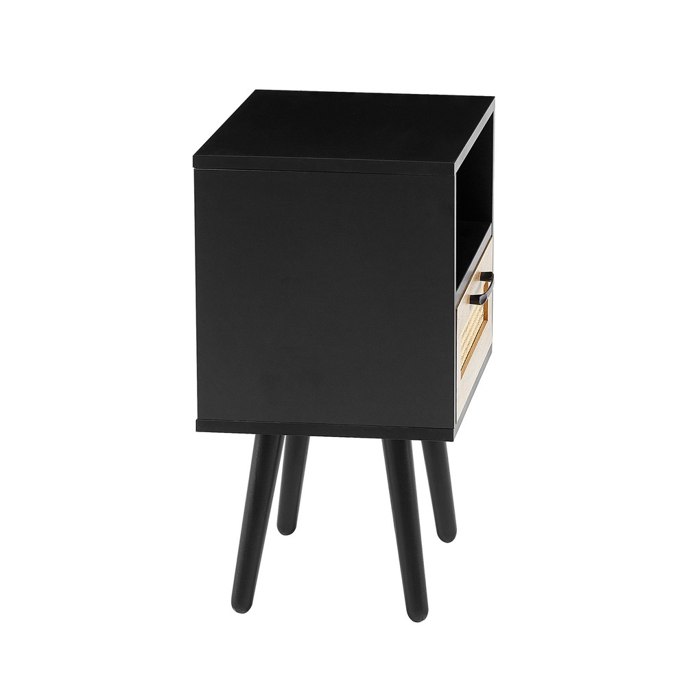 Rattan End Table with Drawer and Solid Wood Legs Modern Nightstand Side Table