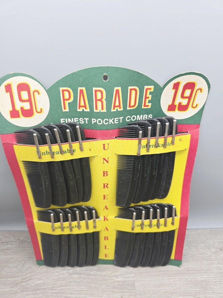 1950s PARADE Unbreakable Comb Store Display 22 Count, Bright Colors.