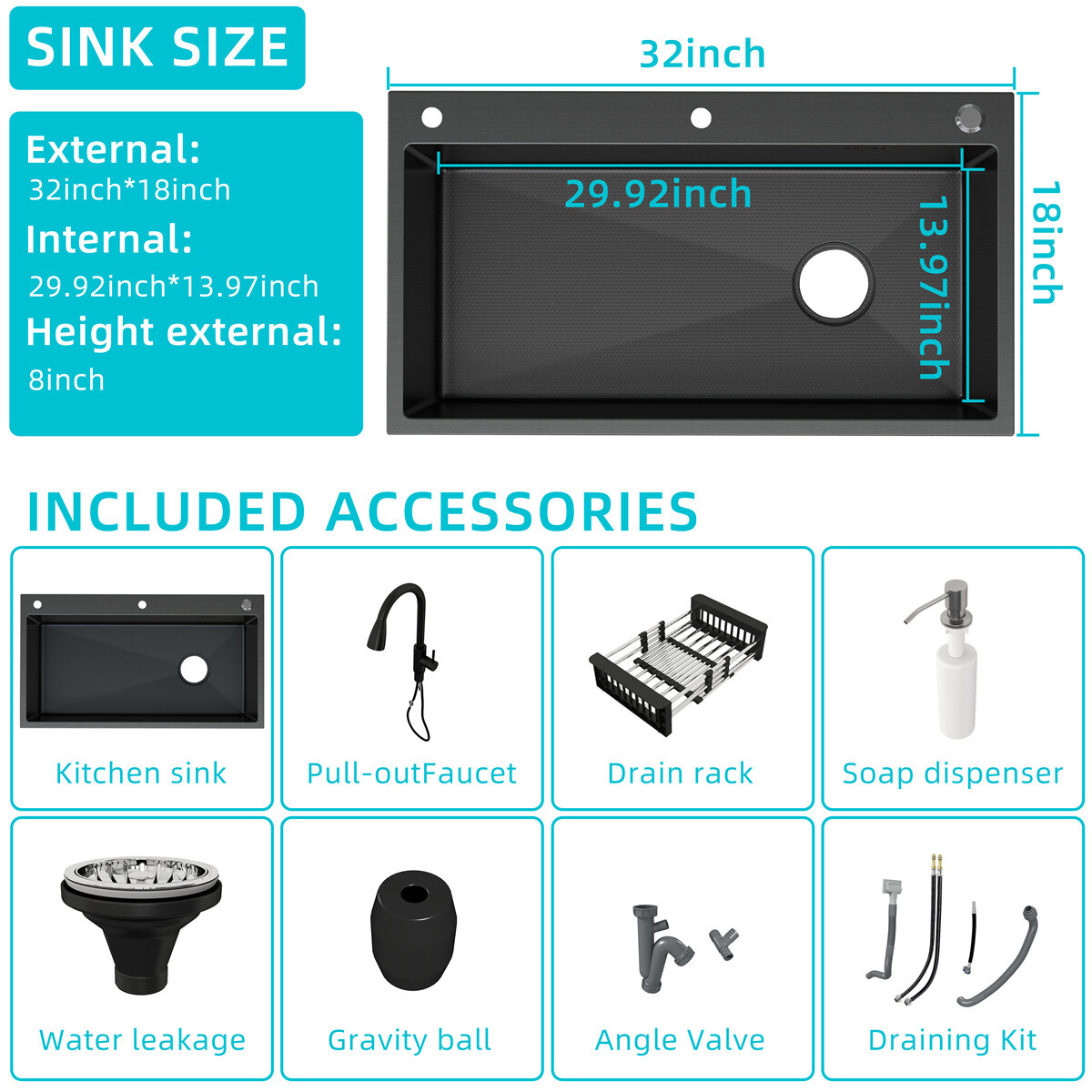 Black Drop In Kitchen Sink Workstation 28/30/32 Inch Single Bowl Stainless Steel