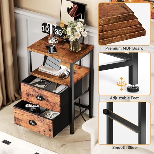 Nightstand with Charging Station, End Table 1 PC Rustic Brown drawer on bottom