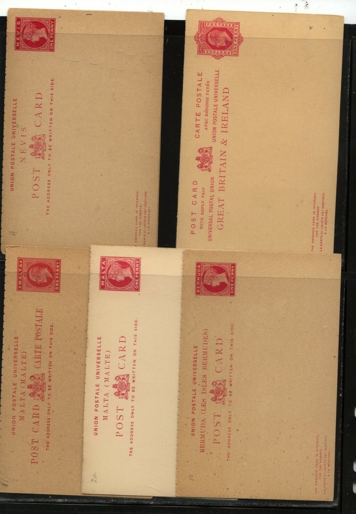 British Empire  5 different postal reply cards Malta, Nevis ++   MS0322