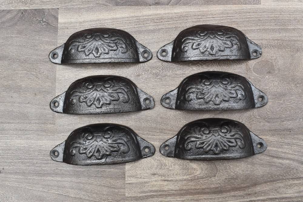 Vintage cast iron Cup Bin Pulls cabinet drawer door knobs handles pull rustic 6p