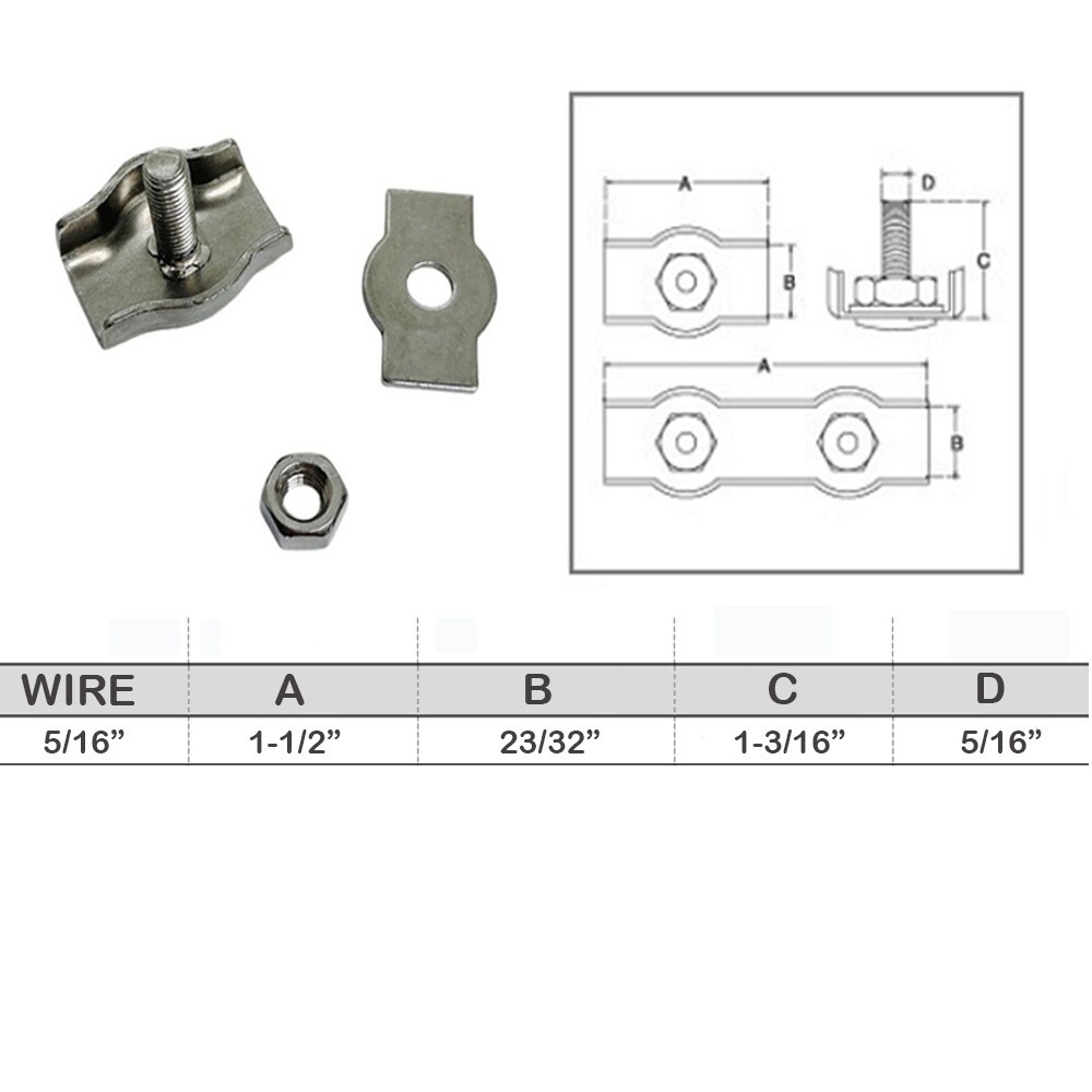 Simplex Single Bolt Wire Rope Clips,Stainless Steel for 5/16" Wire Cable