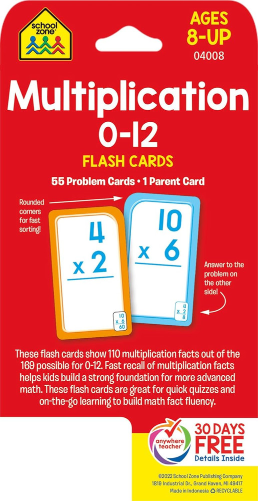 School Zone Multiplication 0-12 Flash Cards: 56 Math Cards, 3rd Grade, 4th Grade