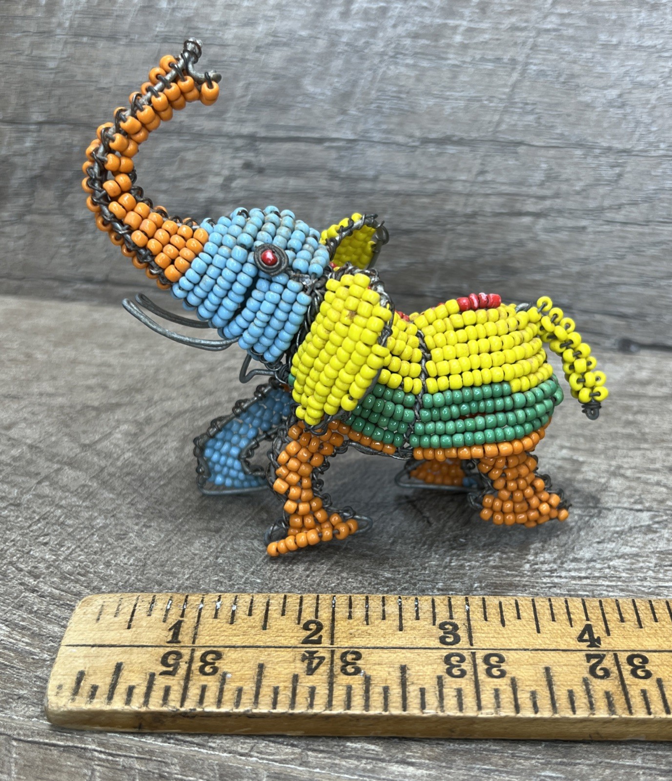 Handcrafted Elephant Beaded Wire Sculpture with Trunk Up for Good Luck Sculpture