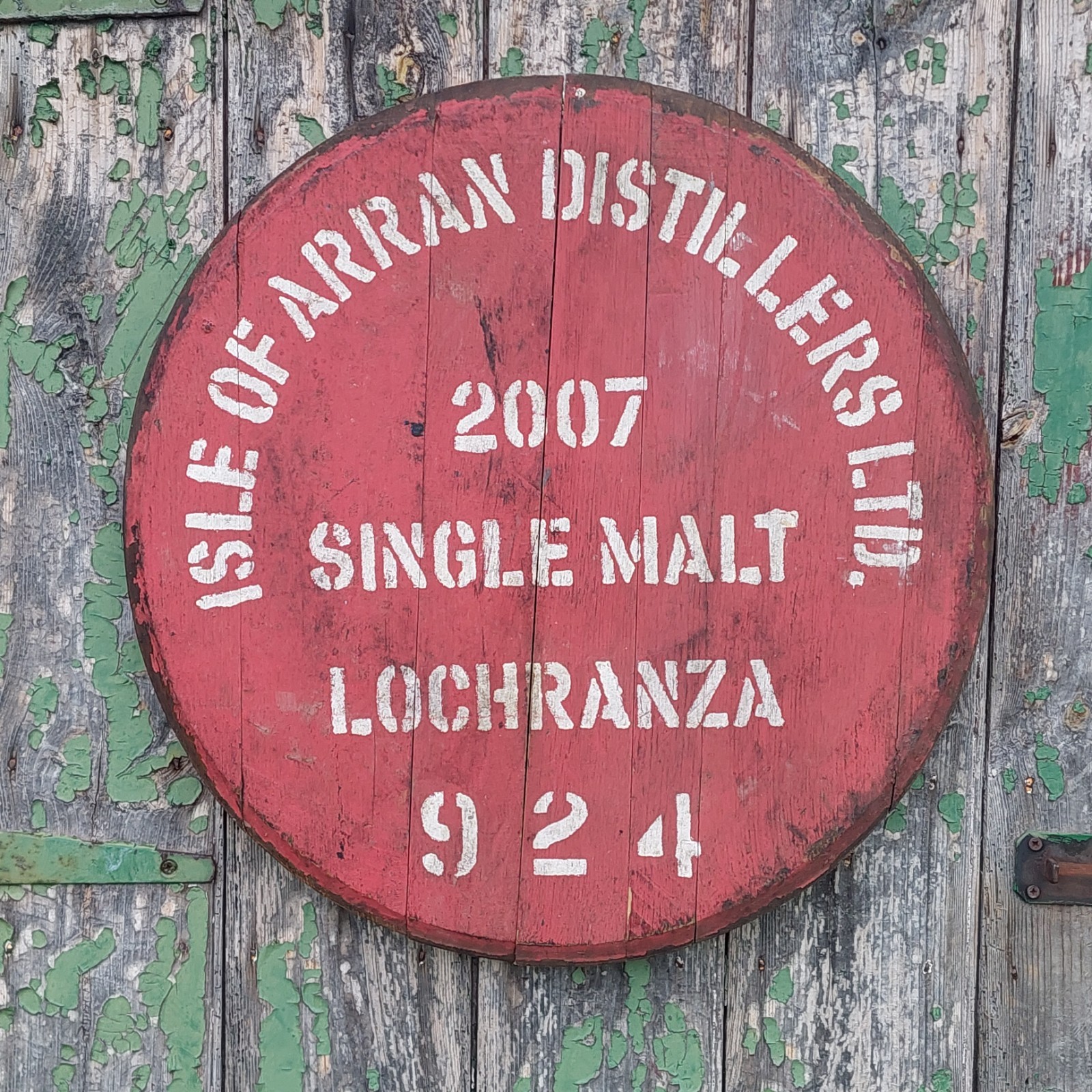 2007 Arran Lochranza Whisky Barrel Lid  - W/Heavy Duty Hook and Hanger 22" wide
