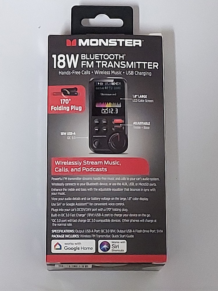 Monster 18W Bluetooth FM Transmitter Hands-Free Wireless Music. USB Charging