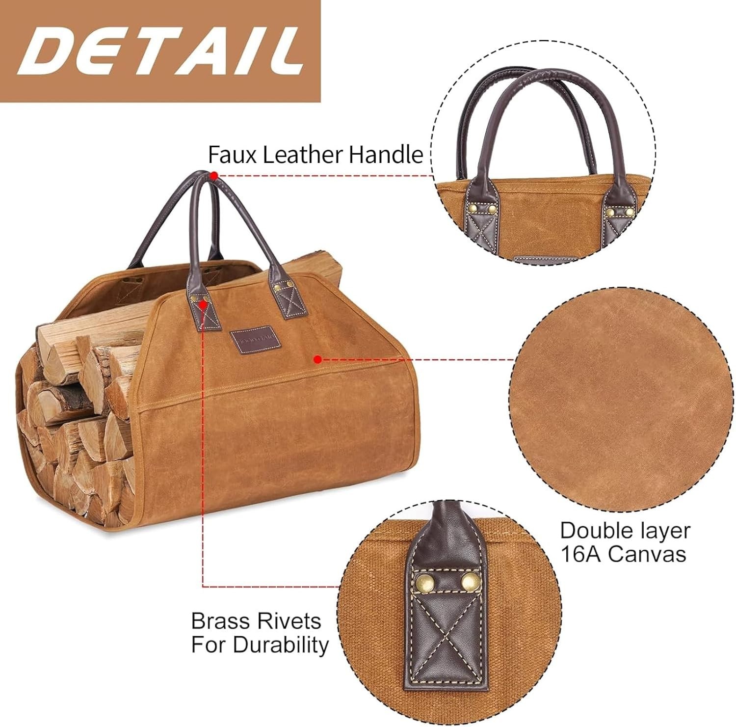 Firewood Carrier Waxed Canvas with Leather Handles, Wood Carrier for Firewood