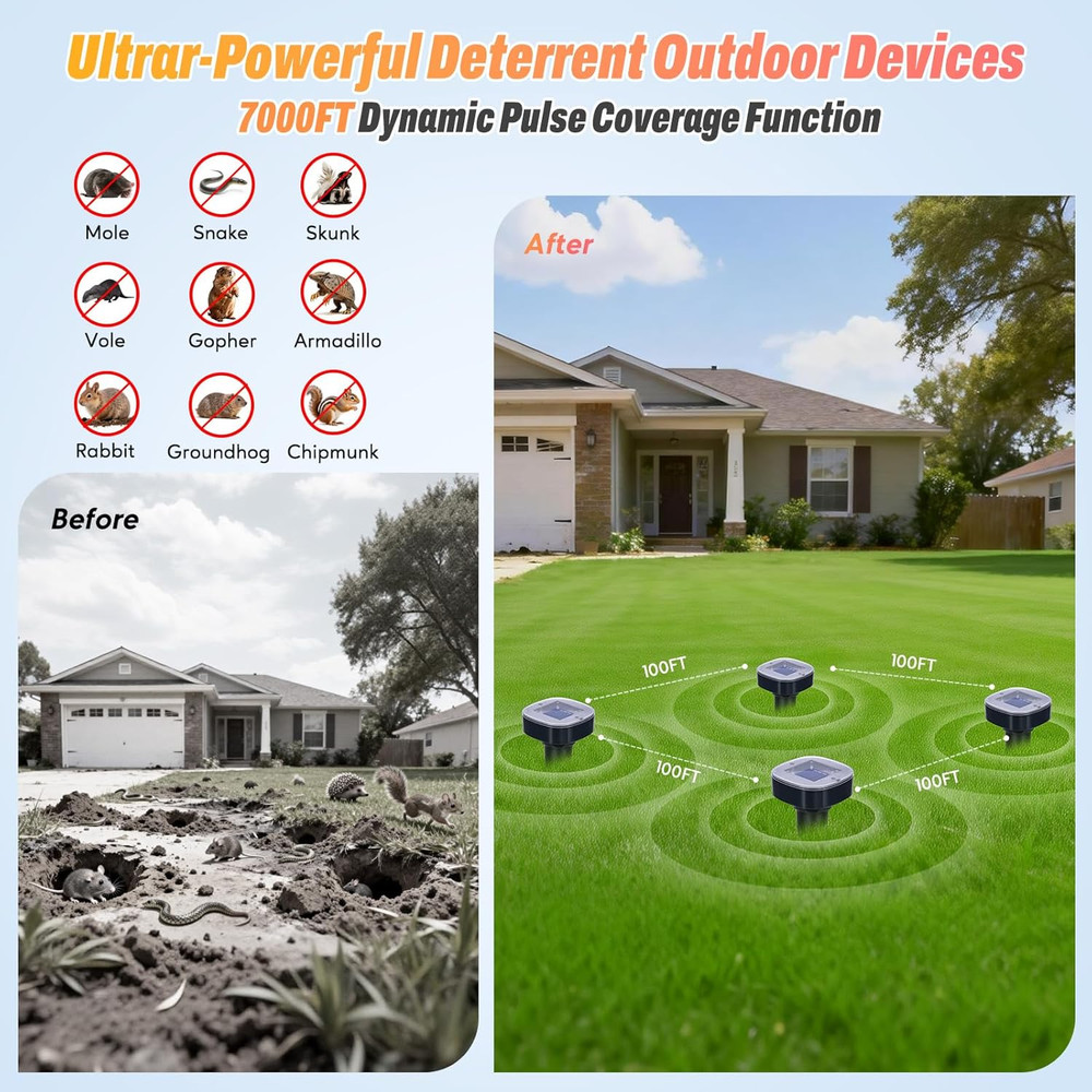 4 Pack Mole Repellent Solar Powered, Snake & Skunk & Vole & Gopher & Armadillo &