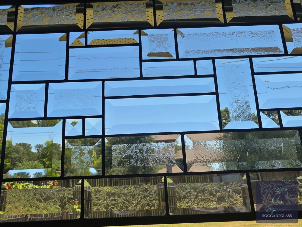 Contemporary clear stained glass panel, rectangular window hanging,28 1/2x12 1/2