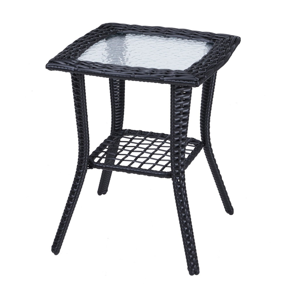 Outdoor Patio Coffee Table Side Table with 2-Tier Storage Shelf PE Wicker Table