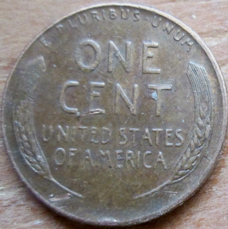 1957-D WHEAT CENT, REVERSE DIE CHIP & CRACK ON RIGHT STALK, BRN, XF, CIRCULATED