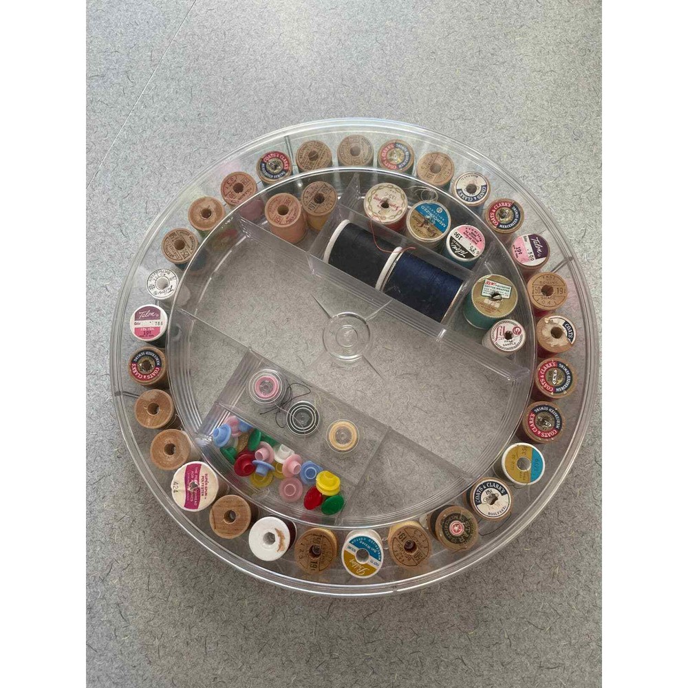 Vintage round sewing caddy with extras