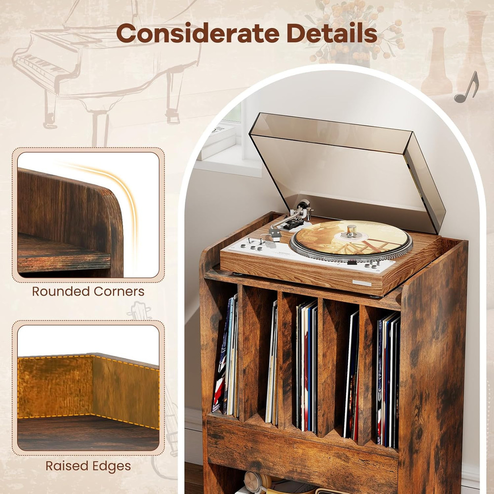 Record Player Stand, Rolling Turntable Stand with Drawer & Lockable Wheels, Reco