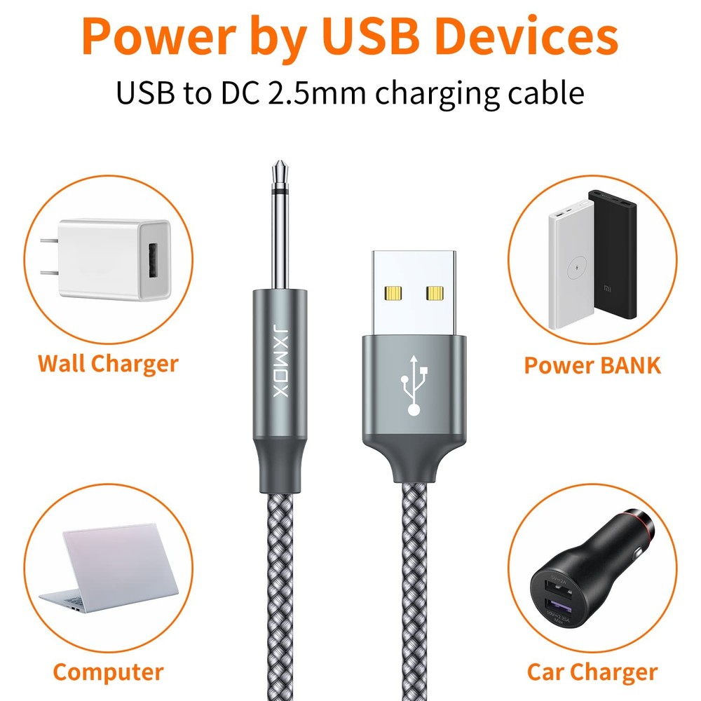 JXMOX USB Charger Cord 2.5mm, (2-Pack 3ft) Replacement DC Charging Cable.