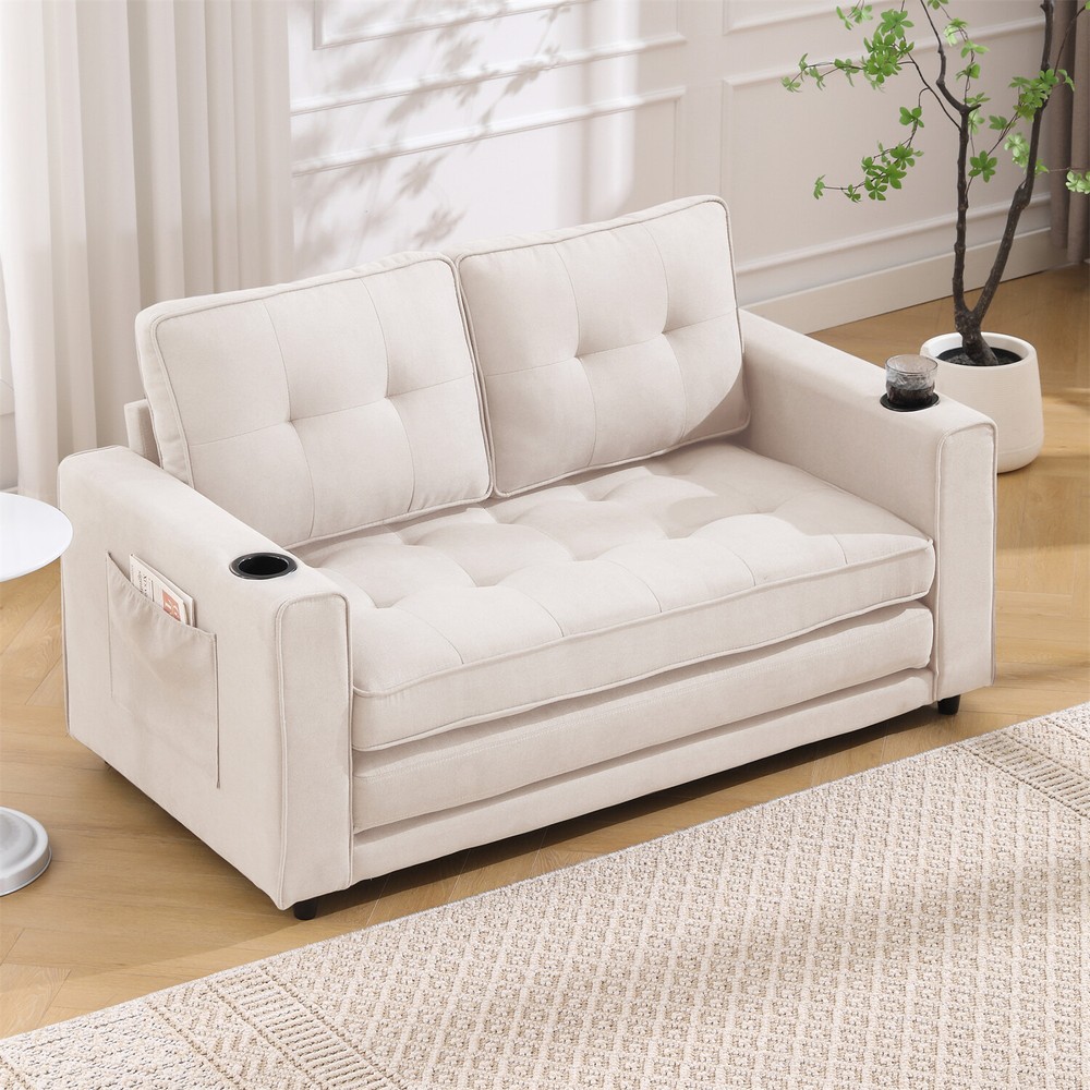 Convertible Sofa Bed Loveseat Sofa Futon Sofa Couch with Pull Out Bed Beige