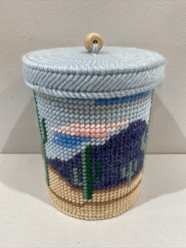 Handmade Needlepoint Plastic Canvas Coffee Can Cover Desert Canvas Cactus
