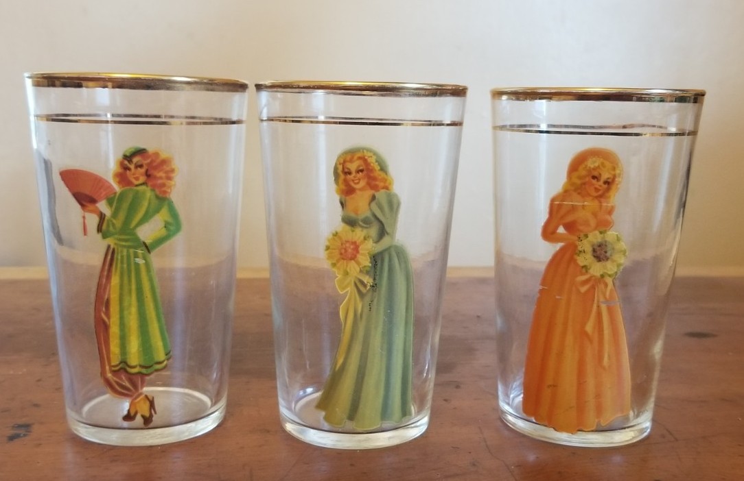 Set of 3 Vintage 1940s Peek-A-Boo Decal Pin Up Lady Girl Highball Glasses