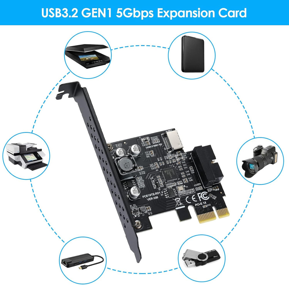 PCI-E 1X to USB 3.2 GEN1 5Gbps 20Pin Front Panel Header (To Type-C Front Panel H
