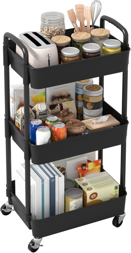 Black Multi-Functional Rolling Cart with Lockable Wheels - Perfect for Any Space