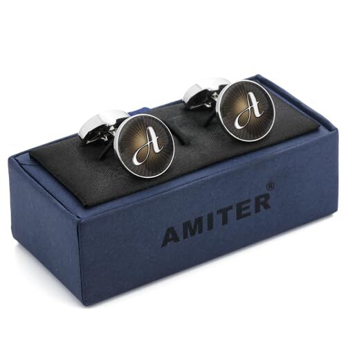 Initial Cufflinks for Men, Classic Black & Silver Shirt Studs Cuff Links A.