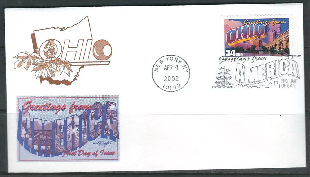 GREETINGS FROM OHIO MAP 2002 ARTMASTER CACHET FDC +INFO CARD