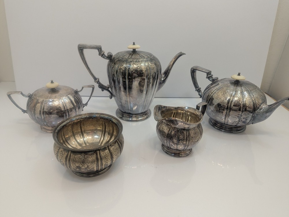 Antique Victorian Silverplate Tea Coffee Set Floral Engraved Serving Set...G6