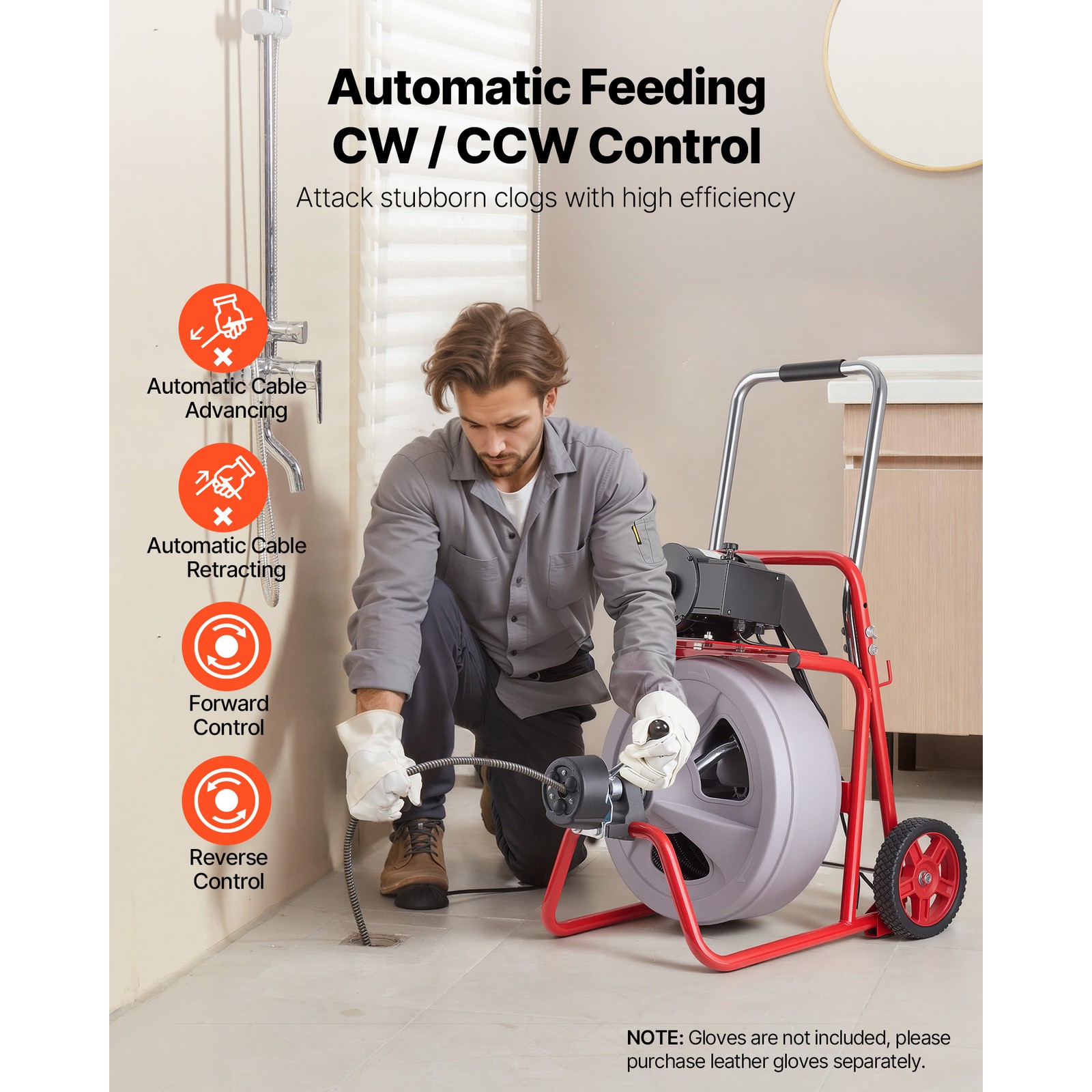 Uimoso Drain Cleaning Machine 100FT x1/2 Inch with Auto Feed, Wheels & 8 Cutters