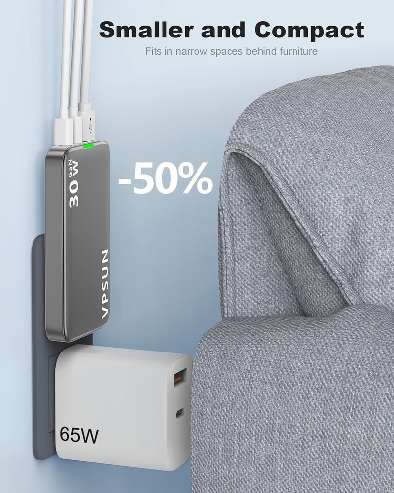 USB C Wall Charger Block 30W,3 Port Ultra Thin Flat USB-C Charging Plug,Foldable