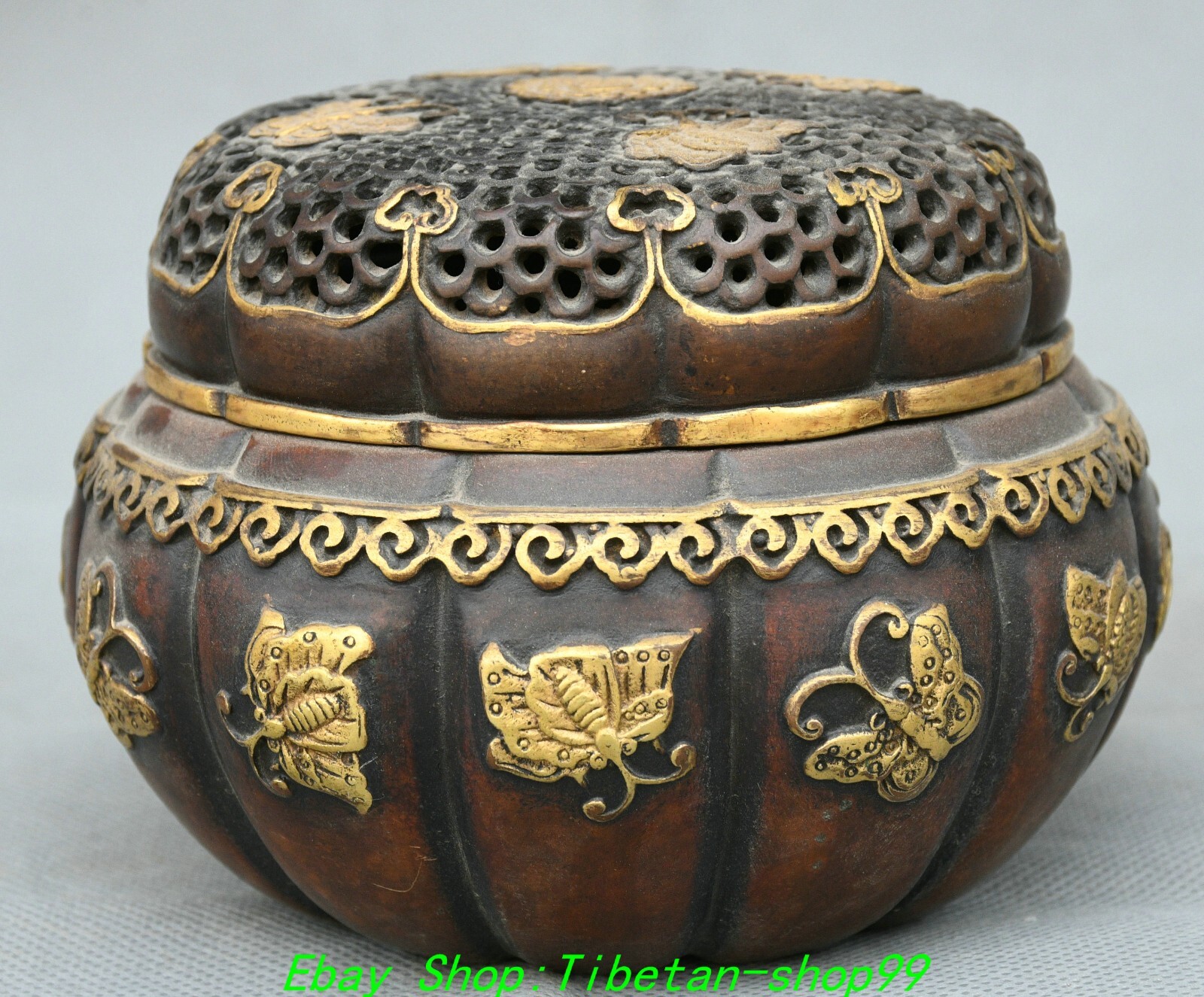 4.7''Old Dynasty Purple Bronze Gold Butterfly Pattern Incense Burner Censer