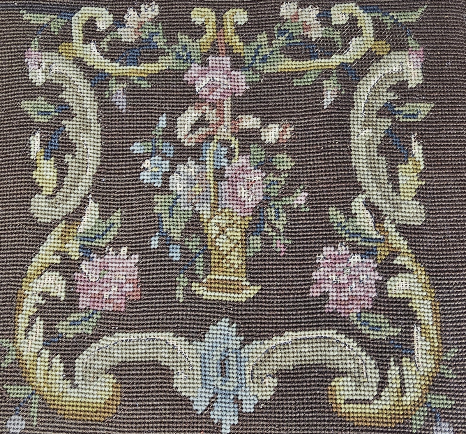 Antique Floral Needlepoint Footstool Victorian Decorative Stool (c. 1890–1915)