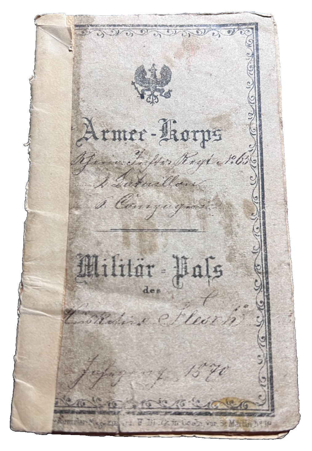 Franco-Prussian War 1870/1871 German Military ID Musketeer Johan Fleisch RARE!