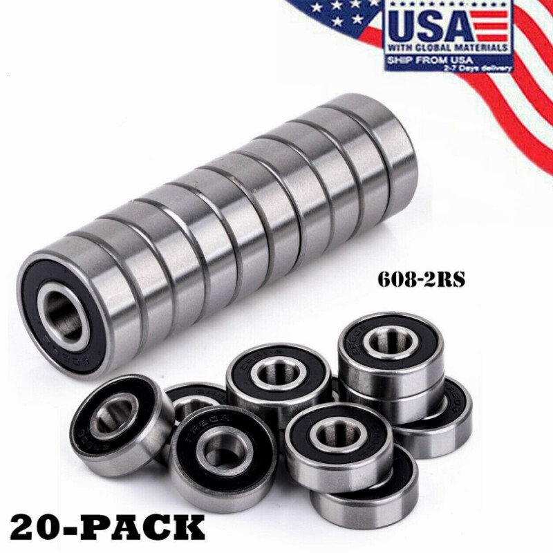 608-2RS Ball Bearing 8x22x7 Two Rubber Sealed Chrome Skateboard 608RS (20pcs)