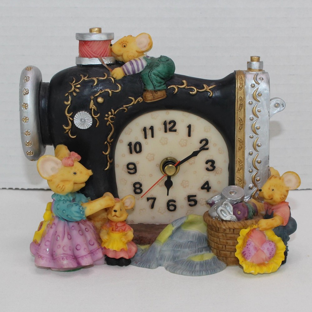 Sewing Machine Clock with Mice Ceramic Free Standing