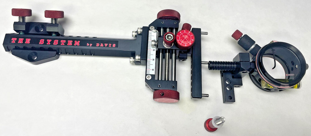 3" DAVIS TARGET SIGHT-Double Knob Mount-5.75" Ext-BLACK/RED KNOBS-Scope .019 Red