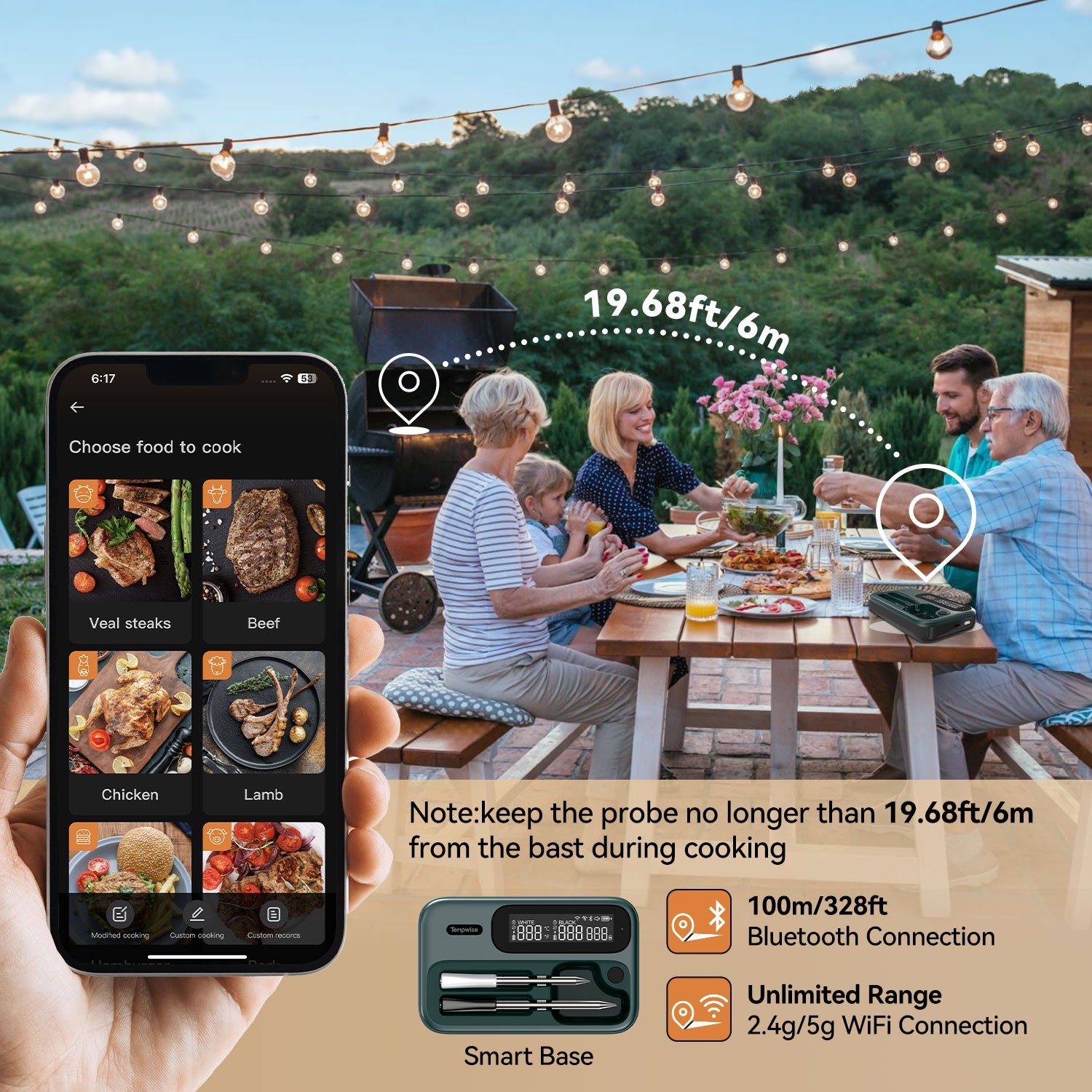 Wiresless BBQ Thermometer Meat Cooking Outdoor Dual Probes Bluetooth WiFi Combo