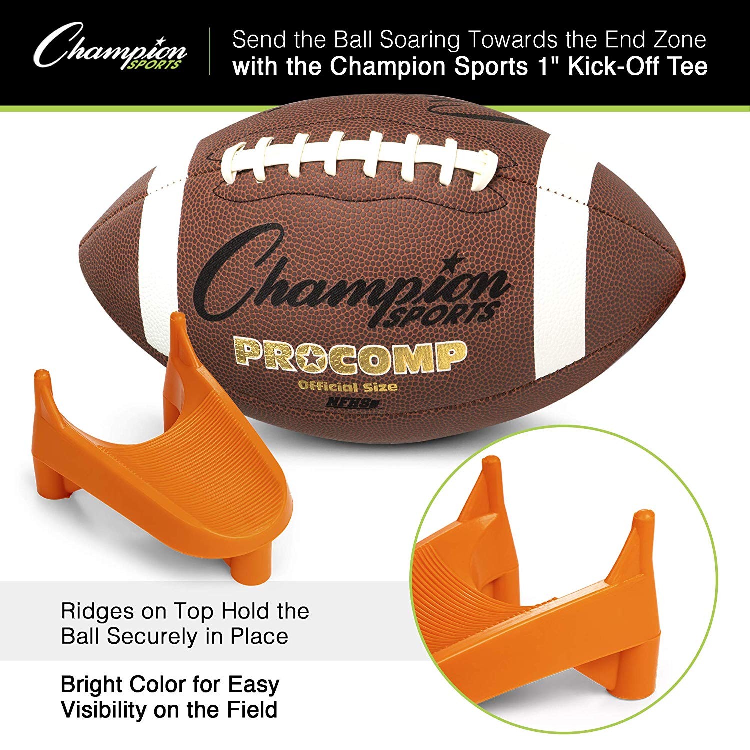 Champion Sports 1 Inch Rubber Kick-Off Tee, Orange (3-Pack)