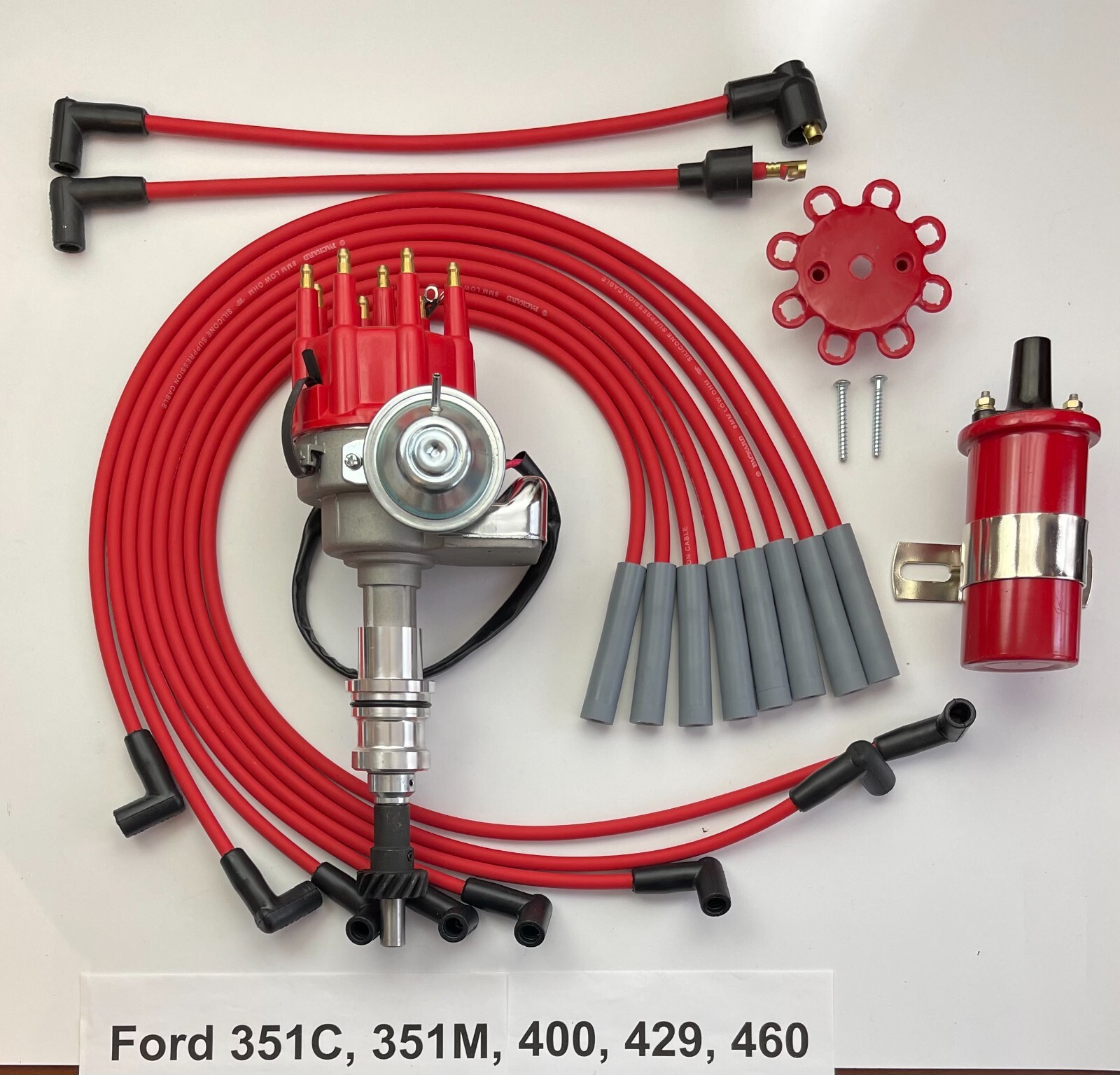FORD 460 429 400 351C/M Small HEI Distributor + 45K Coil + RED USA PLUG WIRES