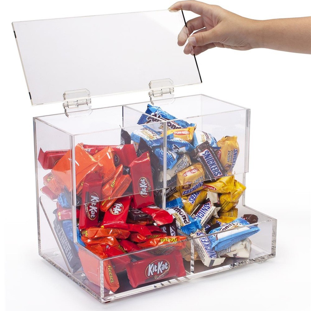 ACRYLIC 2 SECTION FLIP TOP BIN - RETAIL STORE CANDY DISPENSER - 2 COMPARTMENT