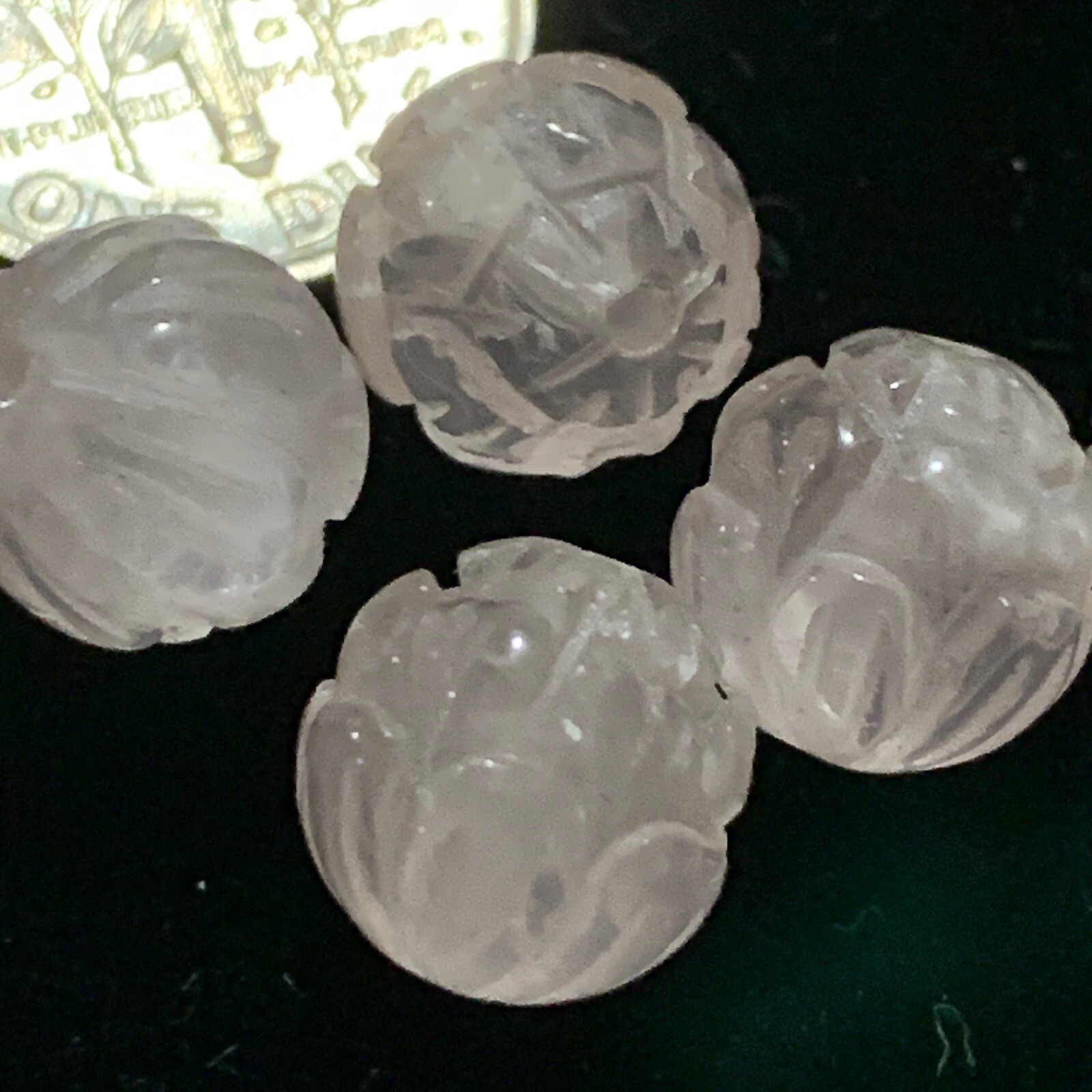 One Vintage Carved Chinese Bead Rose Quartz Pink Lotus Flower Design 10mm Round