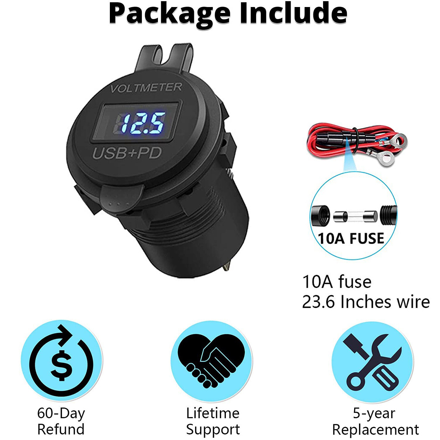 12V-24V PD+QC3.0 Dual USB Car Fast Charger Power Socket Outlet LED Voltmeter Lot