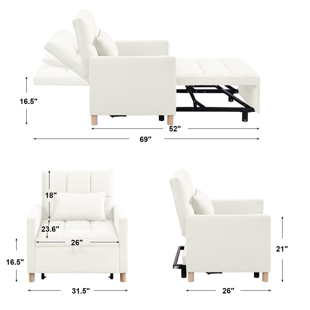 Convertible Sofa Bed Chair 3-in-1 Multi-Functional Folding Sofa Beige