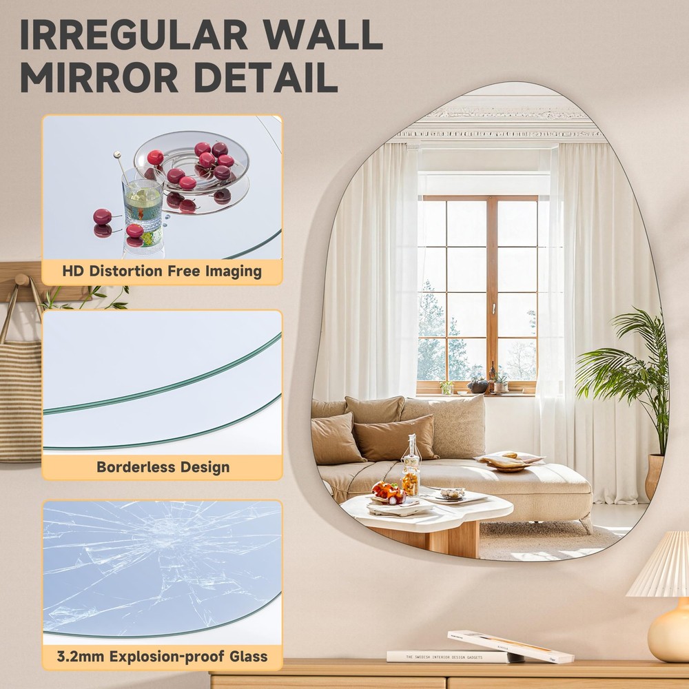 Irregular Wall Mirror - 40"x30" Asymmetrical Frameless Mirror, Modern Decorat...